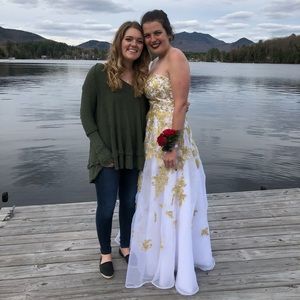 Strapless gold and white prom dress